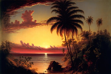 Fototapeta na wymiar A tropical sunset on the beach, with bright and colorful sunset, palm trees, ocean waves and mountains 12