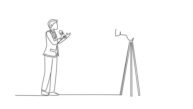 Self drawing animation of single line draw correspondent, operator. Reporter performing. Journalists on air. Video cameraman filming news with microphone. Continuous line draw. Full length animated