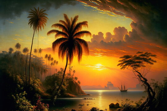 A tropical sunset on the beach, with bright and colorful sunset, palm trees, ocean waves and mountains 08