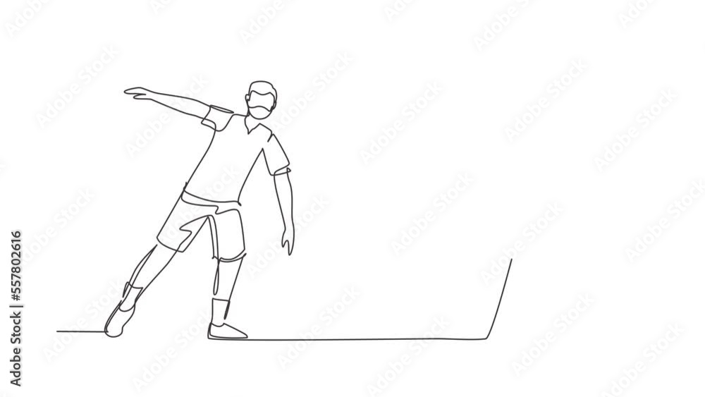 Poster animated self drawing of continuous line draw arab man doing exercise on mat with camera. shooting v