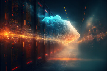 Futuristischer Korridor von Server, Super-Computer, Cloud-Computing mit Visualisierung von Datenströmen Internet Cloud