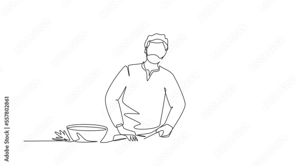 Poster animated self drawing of continuous line draw chef standing in kitchen and cutting onion while filmi