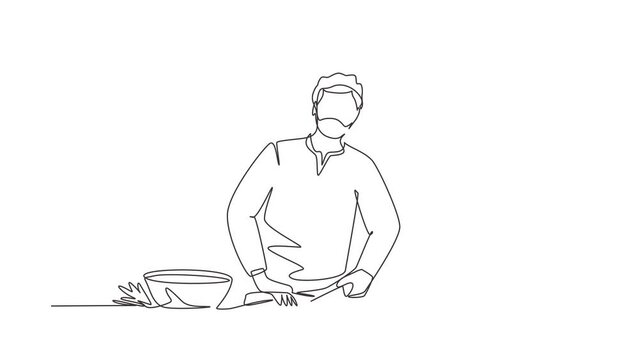 Animated self drawing of continuous line draw chef standing in kitchen and cutting onion while filming himself for blog. On kitchen counter are vegetables and spices. Full length single line animation