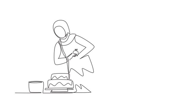 Animated self drawing of continuous line draw girl baking, decorating cake at kitchen. Woman blogger recording video on camera, using tripod, posting it on social media. Full length one line animation