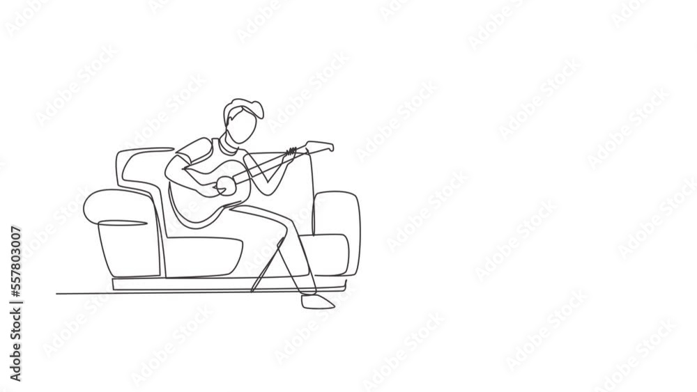 Poster animated self drawing of continuous line draw man recording video clip of his playing guitar by came
