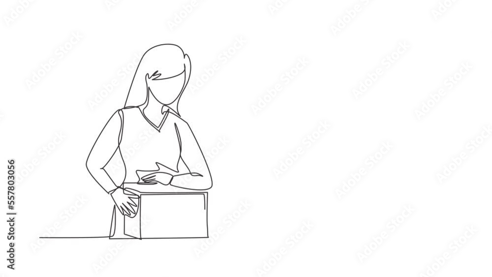 Poster animated self drawing of continuous line draw female show unboxing received package in live at home.
