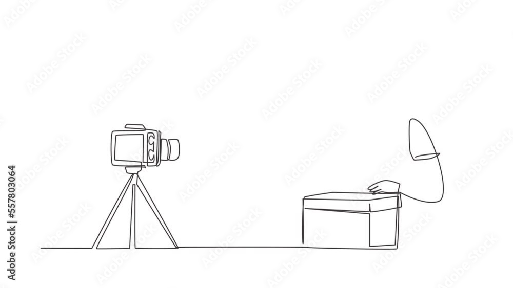 Poster animated self drawing of continuous line draw male vlogger unbox and review product live on youtube 