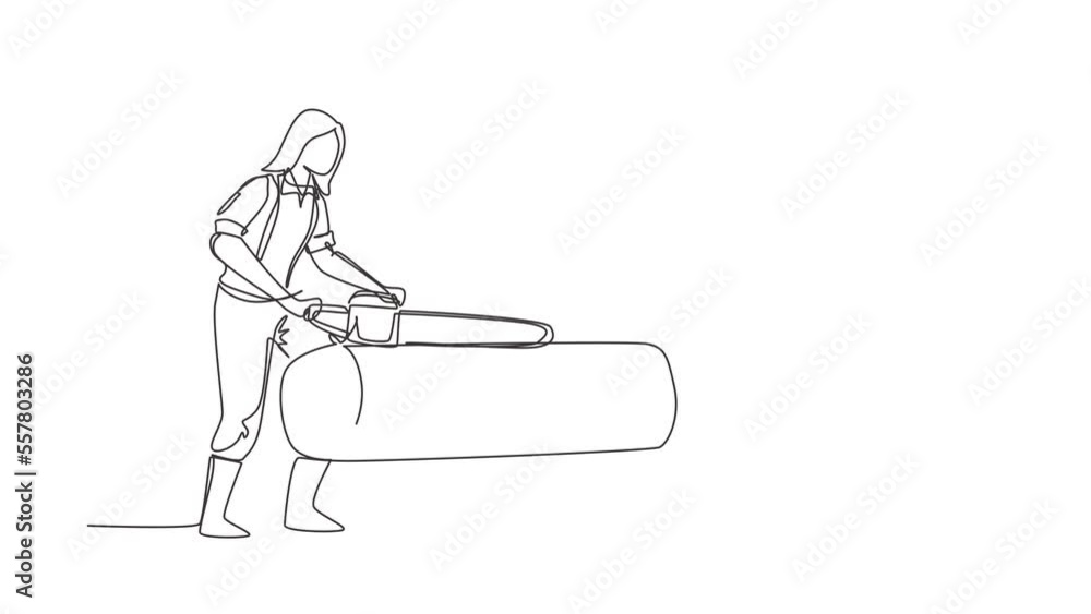 Aufkleber animated self drawing of continuous line draw sawmill concept. professional woman lumberjack cutting