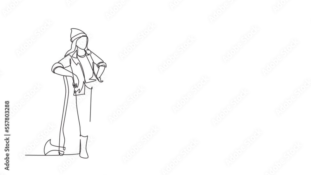 Poster animated self drawing of continuous line draw beautiful woman lumberjack wearing workwear and beanie