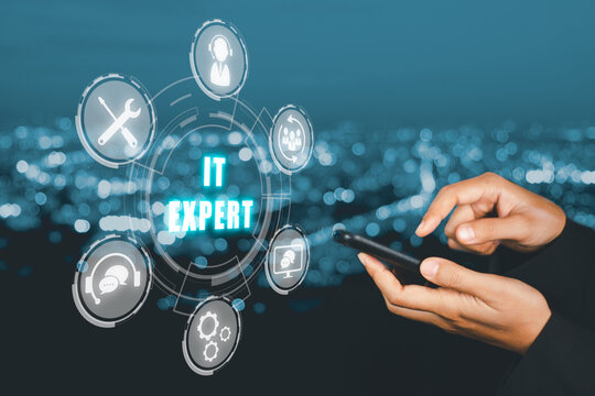 IT expert concept, Person hand touching mobile phone with IT expert icon on virtual screen, Information Technology Advice or Services.