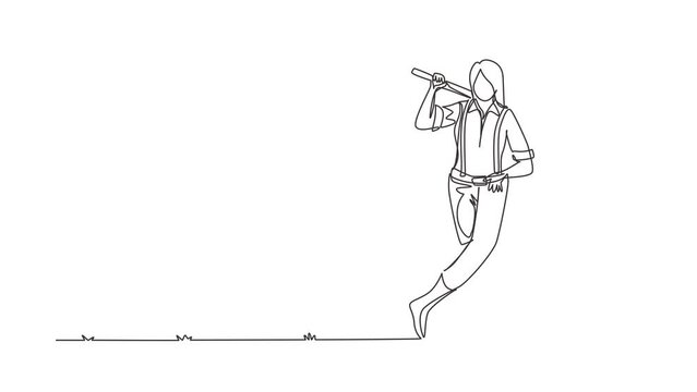 Animated self drawing of continuous line draw woman lumberjack lean on wood. Wearing shirt, jeans, boots. Holding on her shoulder an ax. Lumberjack pose on logging. Full length one line animation