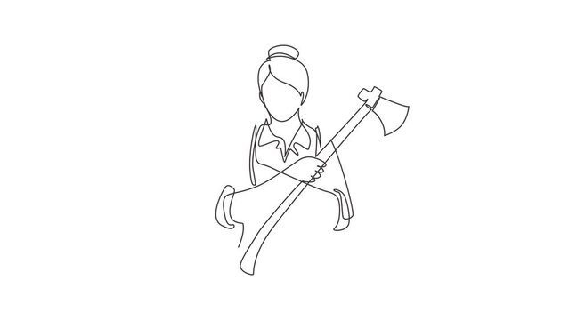 Self drawing animation of single line draw woman lumberjack holding two axes crossed. Crossed firefighter axe, firewoman axe, Hatchet for carpentry tools. Continuous line draw. Full length animated