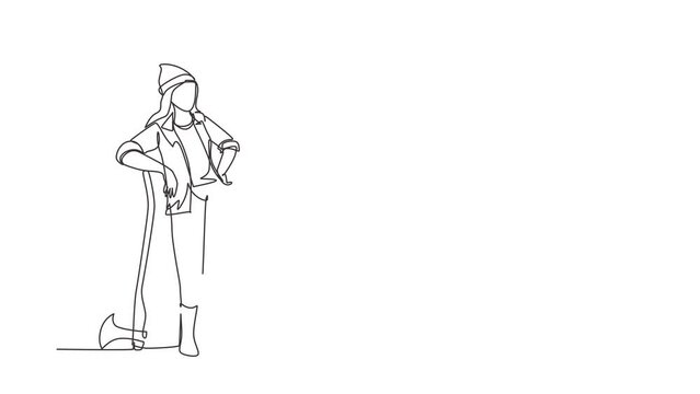 Animated self drawing of continuous line draw beautiful woman lumberjack wearing workwear and beanie hat, standing with axe and posing with one foot on a tree stump. Full length single line animation