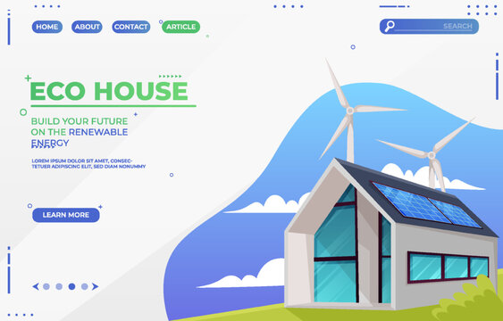 Modern eco house and windmill, solar energy panels. Smart home and save energy sustainable concept. Web banner, landing page. Vector Illustration