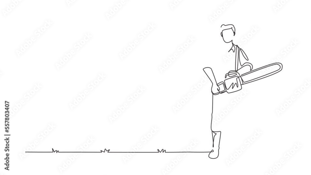 Poster animated self drawing of single continuous line draw lumberjack with workwear and chainsaw. wearing 