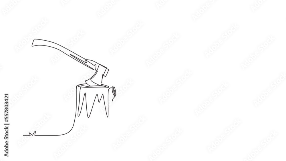 Poster animated self drawing of continuous line draw hatchet in a tree stump. a tree stump with an axe stuc