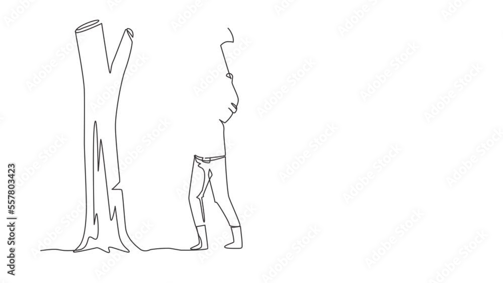 Poster animated self drawing of continuous line draw lumberjack with ax chopping wood. woodcutter chopping 