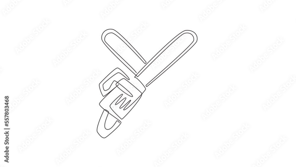 Poster animated self drawing of continuous one line draw crossed chainsaws isolated on white background. to