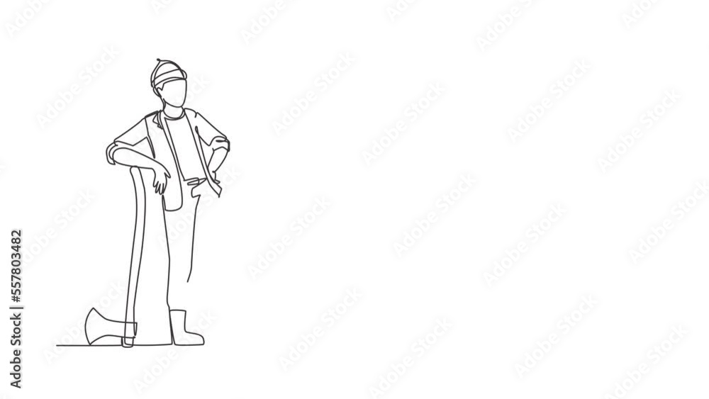 Poster animated self drawing of single continuous line draw smiling lumberjack wearing workwear and beanie 