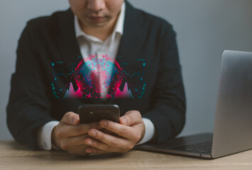 Finance trade manager analysing stock market indicators for best investment strategy, financial data and charts with business buildings in background.