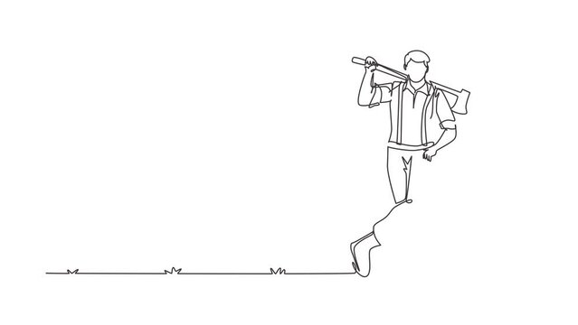 Self drawing animation of single line draw lumberjack lean on wood log. Wearing shirt, jeans, boots. Holding on his shoulder an ax. Lumberjack pose. Continuous line draw. Full length animated