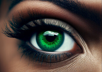 Fototapeta premium Green eye with long eyelashes. Concept of make-up and beauty created with generative Ai technology