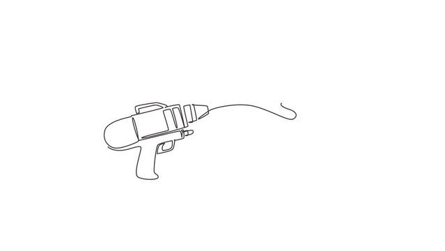 Animated self drawing of continuous line draw water gun for Songkran festival in Thailand. Logo for water festival with gun and water drops. Plastic toys for children. Full length one line animation