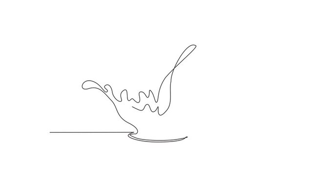 Self drawing animation of single one line draw water splash spray with drops. Fresh aqua surface. Clear splash of water shape isolated on white background. Continuous line draw. Full length animated