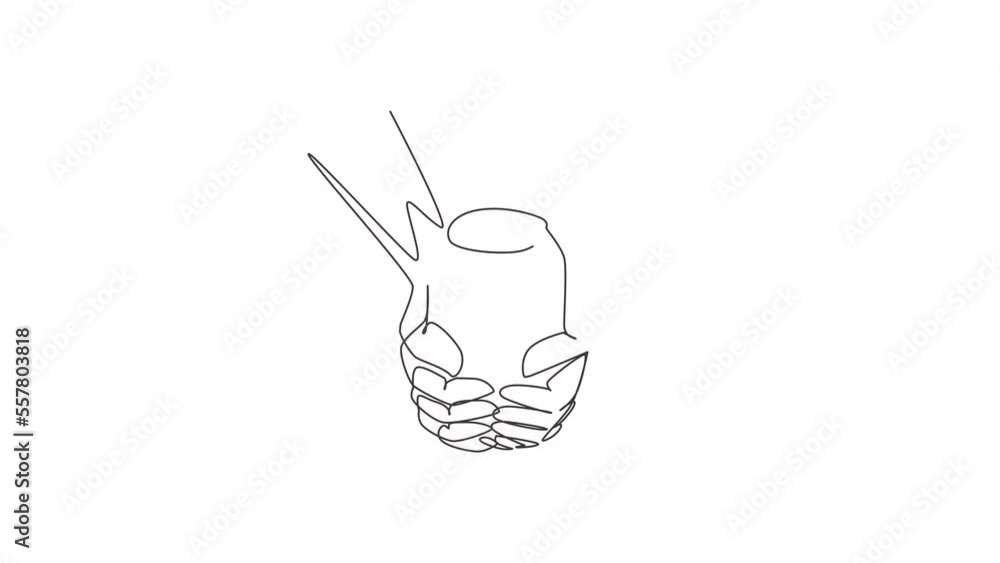 Poster animated self drawing of single continuous line draw hands holding a metallic can with a drink. alum