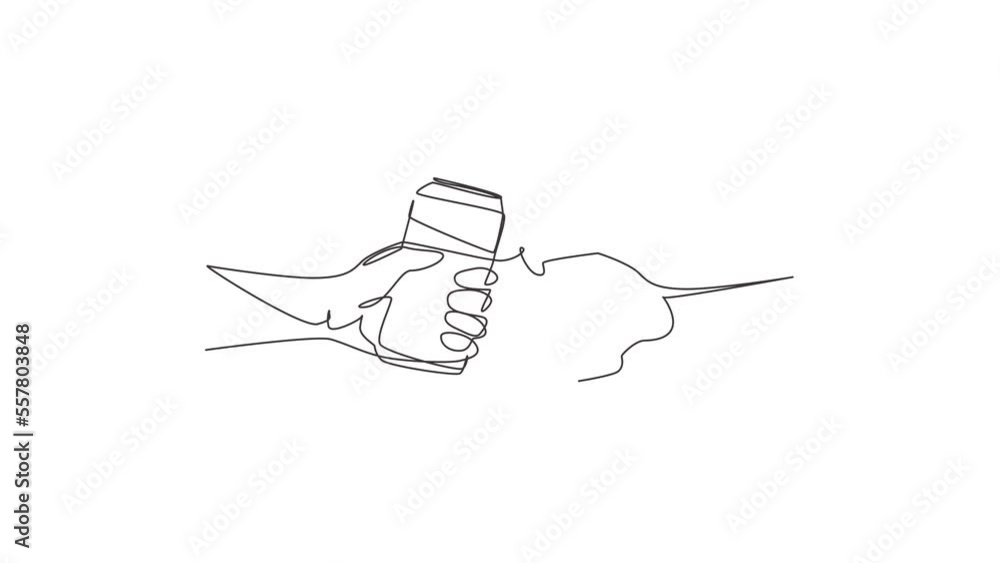 Poster animated self drawing of single continuous line draw couple is toasting with aluminum can and drink 