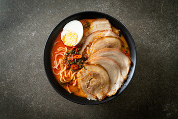 Ramen Noodles Spicy Tomyum Soup with Roast Pork