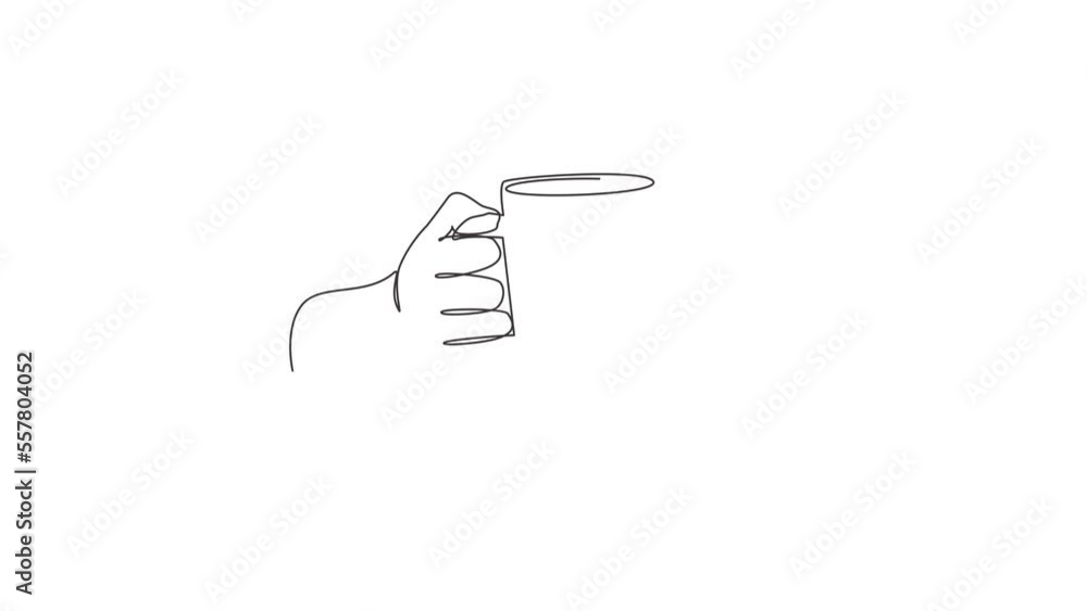 Poster animated self drawing of continuous line draw hand holds a hot chocolate mug by the handle. relax ti