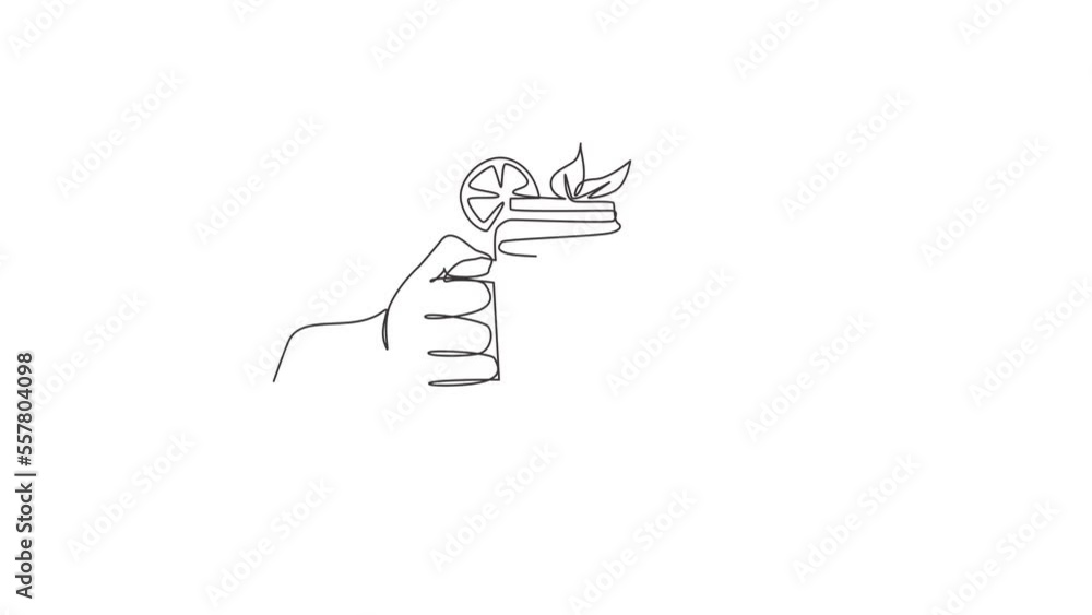 Aufkleber animated self drawing of continuous line draw hands hold refreshing lemonade drink with sliced lime,