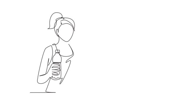 Self drawing animation of single line draw woman holding showing water in plastic bottle, ready to drink. Relaxing enjoying life on air. Disposable bottle. Continuous line draw. Full length animated