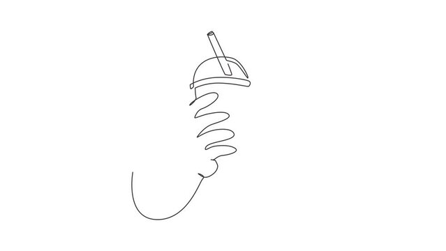 Animated self drawing of continuous line draw hand holding plastic cup of Taiwanese bubble tea. Brown sugar flavor tapioca pearl bubble milk tea with glass straw. Full length single line animation