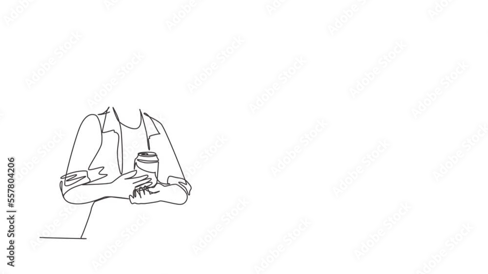 Poster animated self drawing of continuous line draw cute young business woman attractive presenting a can 