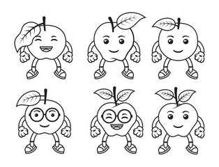 Set vector outline illustration of Cute Apple Mascot Character