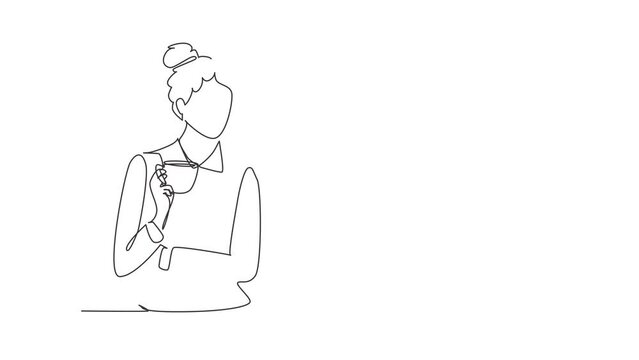 Animated self drawing of continuous line draw woman holding and drinking coffee cup sitting in the coffee shop. Business dress code. Enjoy relax time after office. Full length single line animation