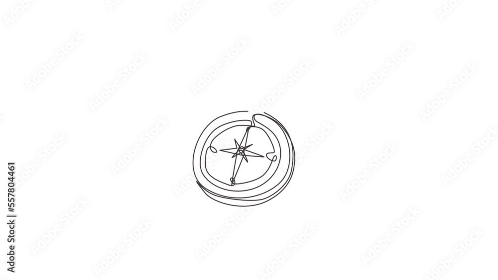 Poster animated self drawing of continuous line draw hiking compass icon symbol. camping scouting with usef