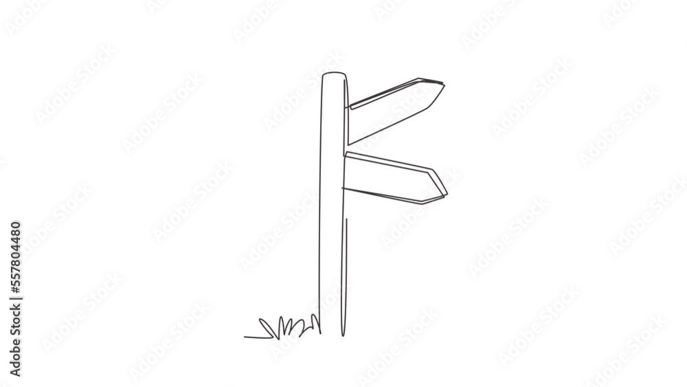 Poster animated self drawing of continuous line draw wooden way direction sign. board on pole from hardwood