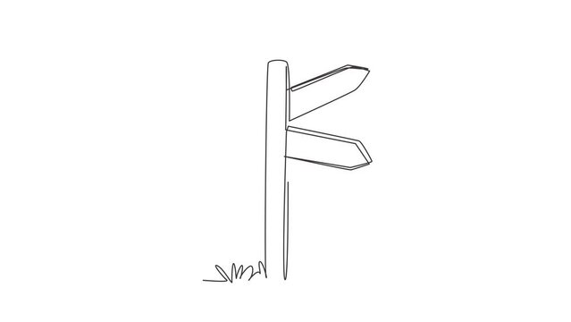 Animated self drawing of continuous line draw wooden way direction sign. Board on pole from hardwood for information message. Textured sign board, direction arrows. Full length single line animation