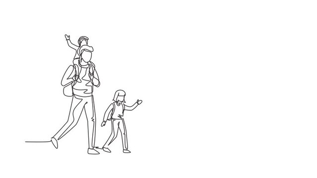 Animated self drawing of continuous line draw hiking family with two children. Group of people with backpacks on mountain. Mom, dad, son and daughter. Family time. Full length single line animation
