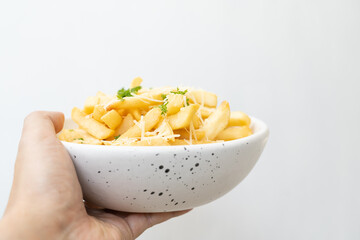 French fries. potato chips. Bowl with fresh cooked french fries potato chips. appetizing. copy space for text.
