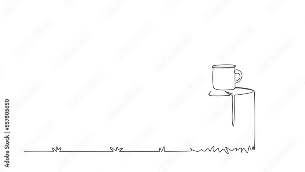 Aufkleber animated self drawing of continuous line draw white campfire enamel coffee mug mockup on log table i