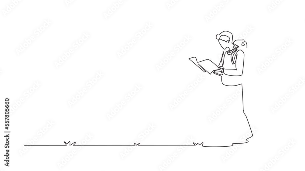 Poster animated self drawing of continuous line draw traveler with backpack and map walks to mountain. tour