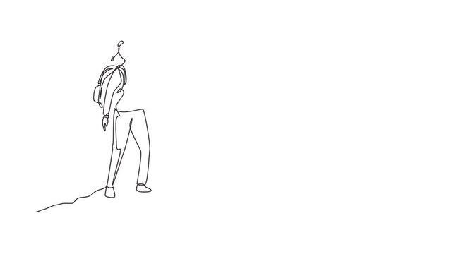 Self drawing animation of single line draw woman hiker at top of mountain looking into distance. Adventure in mountainous terrain. Hiking, adventure tourism. Continuous line draw. Full length animated