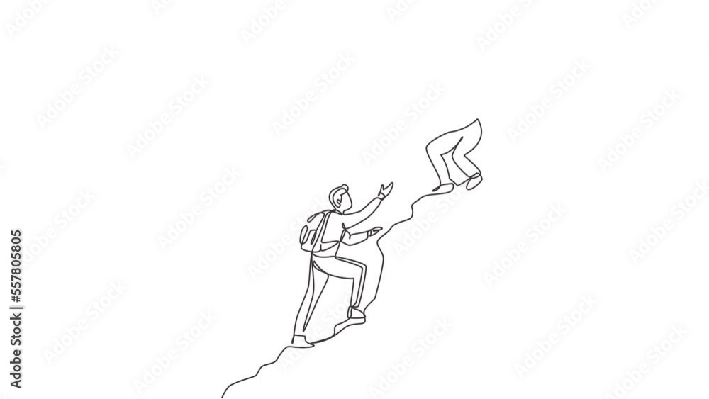 Poster self drawing animation of single line draw men helping each other on top of mountain. teamwork help 