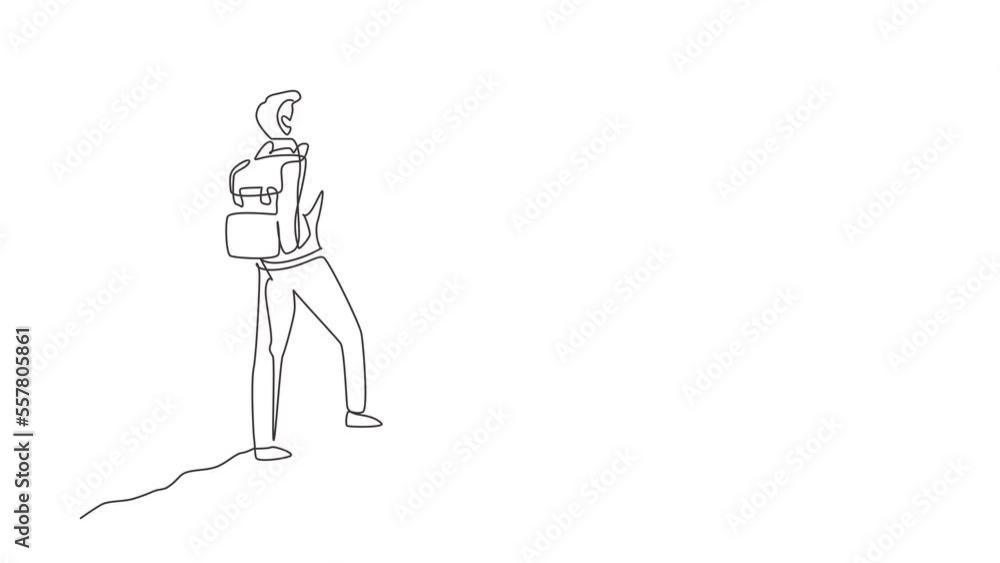 Poster animated self drawing of continuous line draw man stands with arms outstretched on top of mountain. 