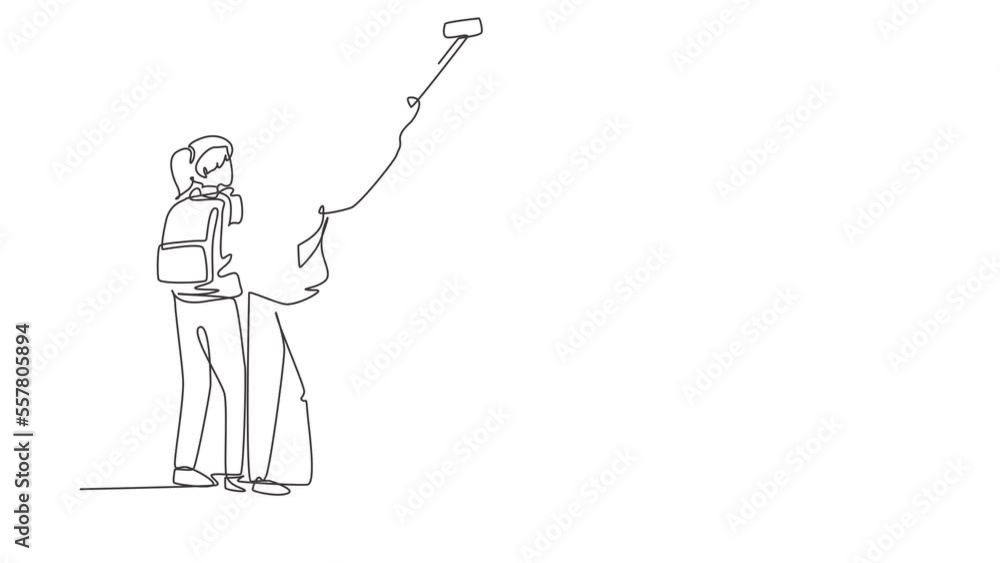 Poster animated self drawing of continuous line draw man woman hikers with backpacks takes selfie in mounta