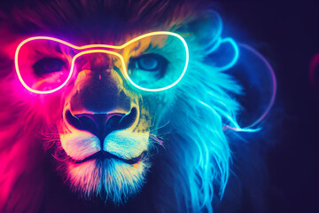 cyberpunk style cute lion, neon colors , bright smoke in background